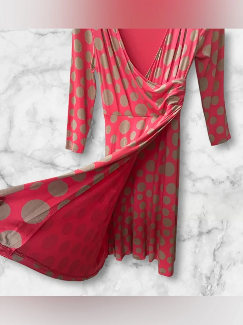 Boden Rosebury Polka Dot Jersey Wrap Midi Dress Coral Beige 3/4 Sleeves Size 4 - Picture 5 of 10